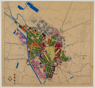 217115 Plattegrond van de stad Utrecht, met daarop aangegeven in kleuren de ouderdom van de bebouwing.